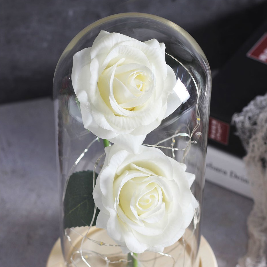 Forever Rose 2 Παντοτινά Τριαντάφυλλα σε Γυάλινο Βάζο με Θερμό LED Φωτισμό 19x11cm - Λευκά